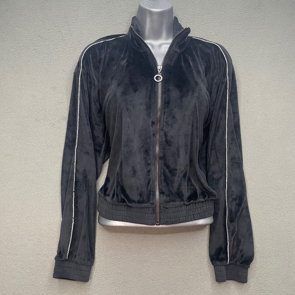 Victoria's Secret Women Track Jacket Velour Black M Y2K Rhinestone Zip Up